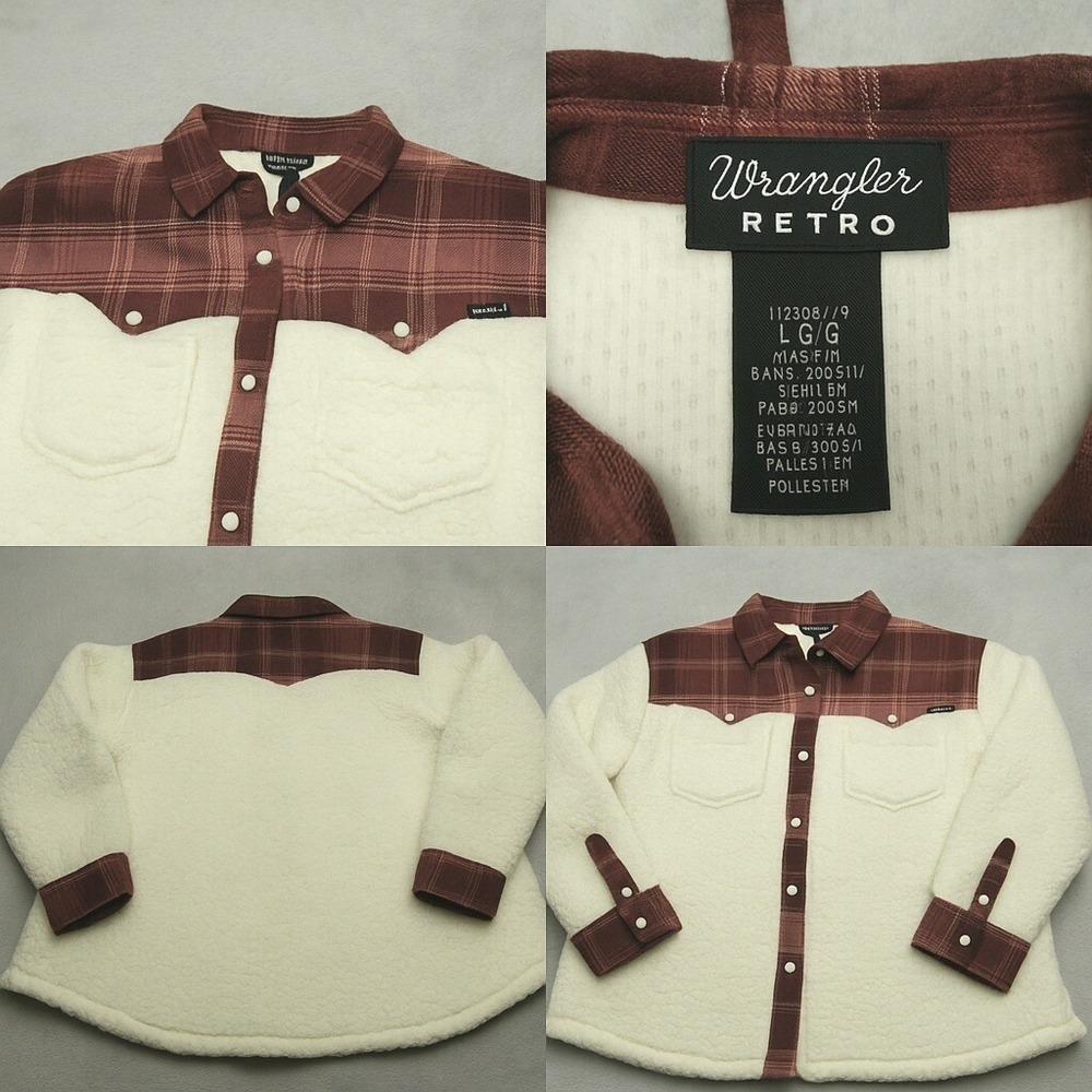 Wrangler Retro Jacket Womens Large Cream Purple Western Yoke Plaid Fleece Snap